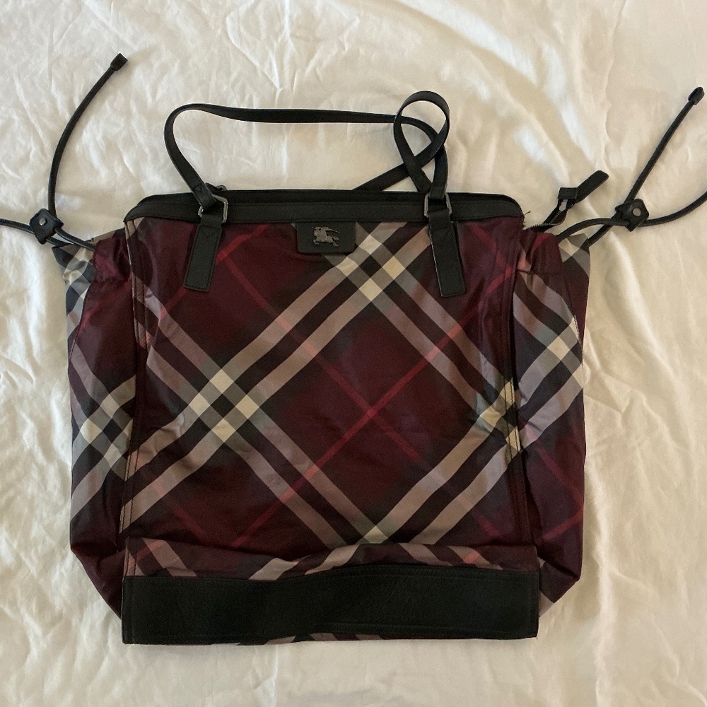 BURBERRY Nylon Buckleigh Packable Tote with Burgandy/Black Plaid Print